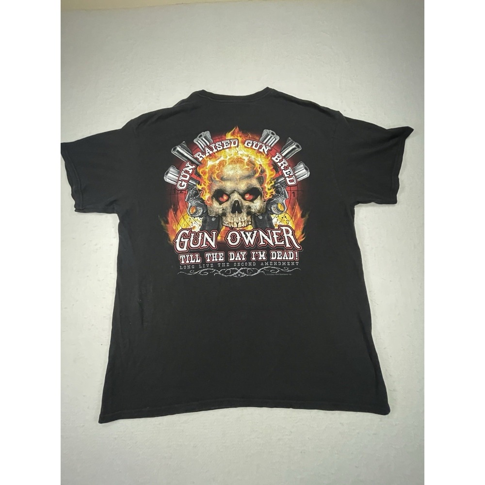 Gun Raised Gun Bred Gun Owner Skull Flame Tee Big Fish 2A Shirt Men's XL